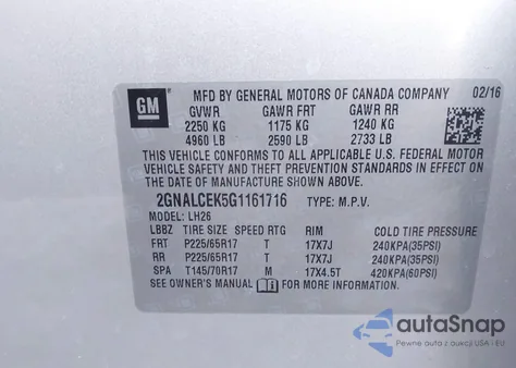 2016 Chevrolet Equinox Lt из США, поврежденный, VIN 2GNALCEK5G1161716